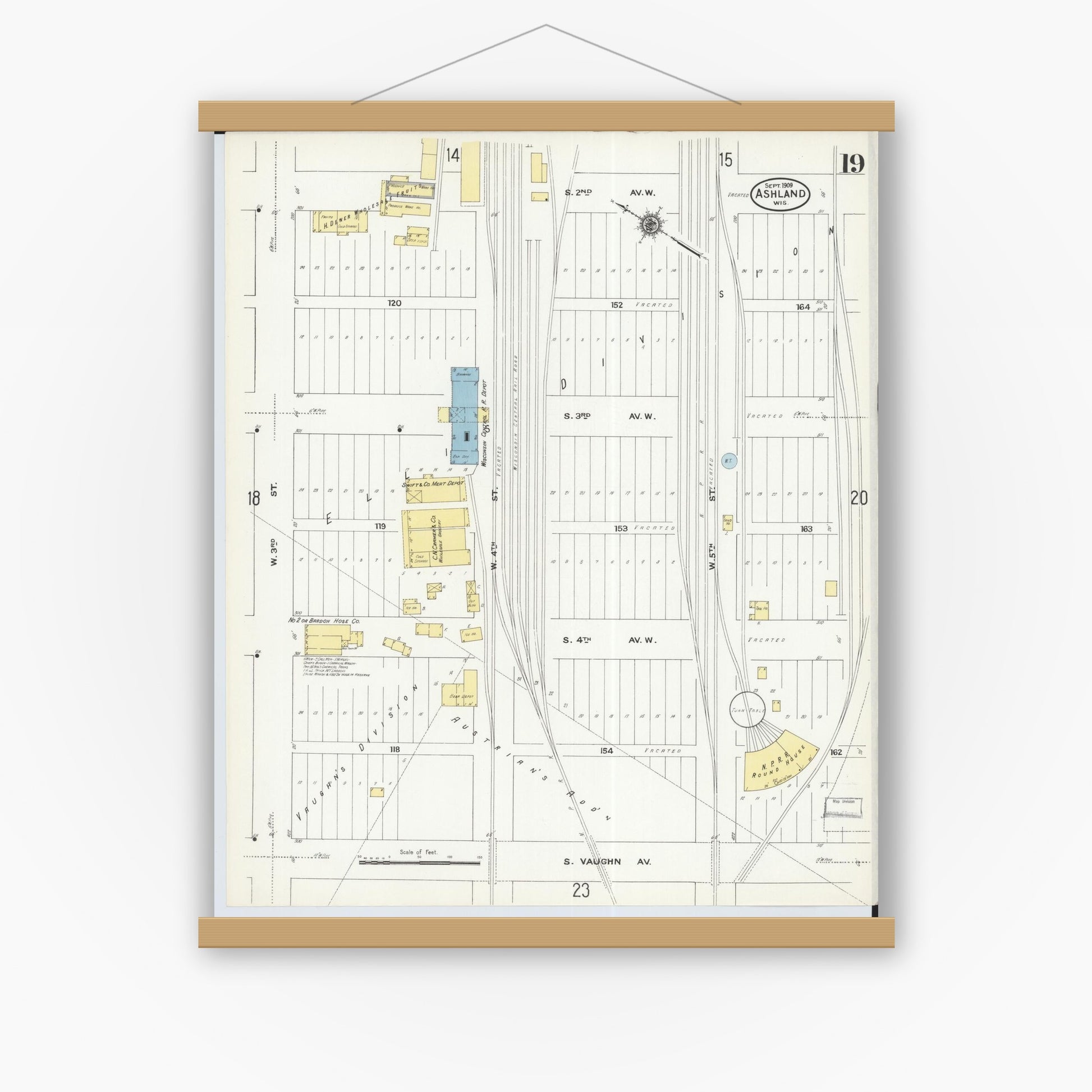Old map wall art mockup — magnetic wood frame on white wall — Sanborn Fire Insurance Map from Ashland, Ashland County, Wisconsin (1909), Sheet #0019