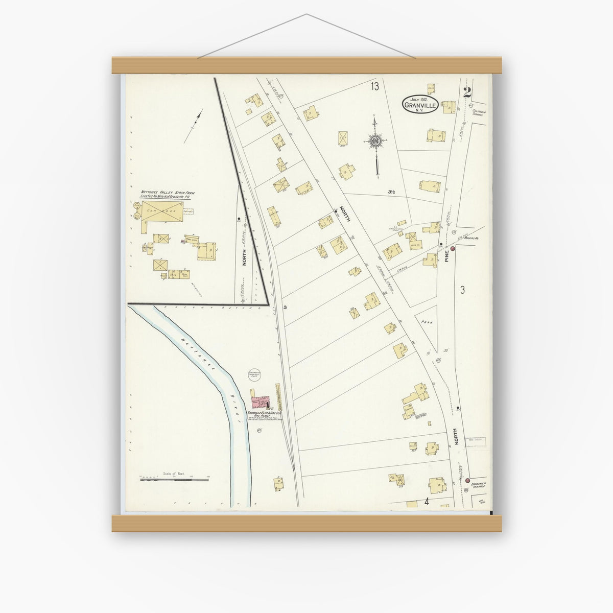Old map wall art mockup — magnetic wood frame on white wall — Sanborn Fire Insurance Map from Granville, Washington County, New York (1912), Sheet #0002