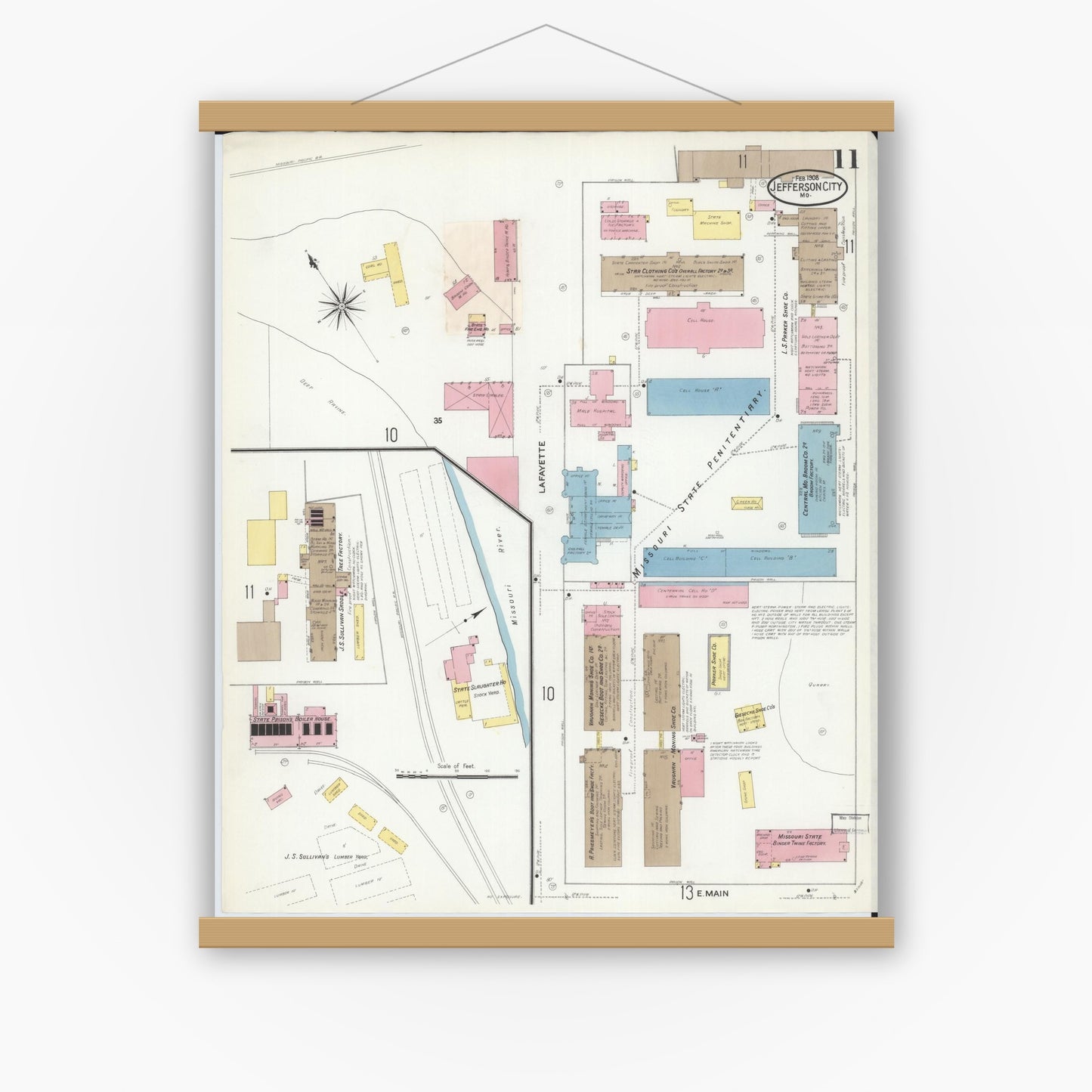 Old map wall art mockup — magnetic wood frame on white wall — Sanborn Fire Insurance Map from Jefferson City, Cole County, Missouri (1908), Sheet #0011