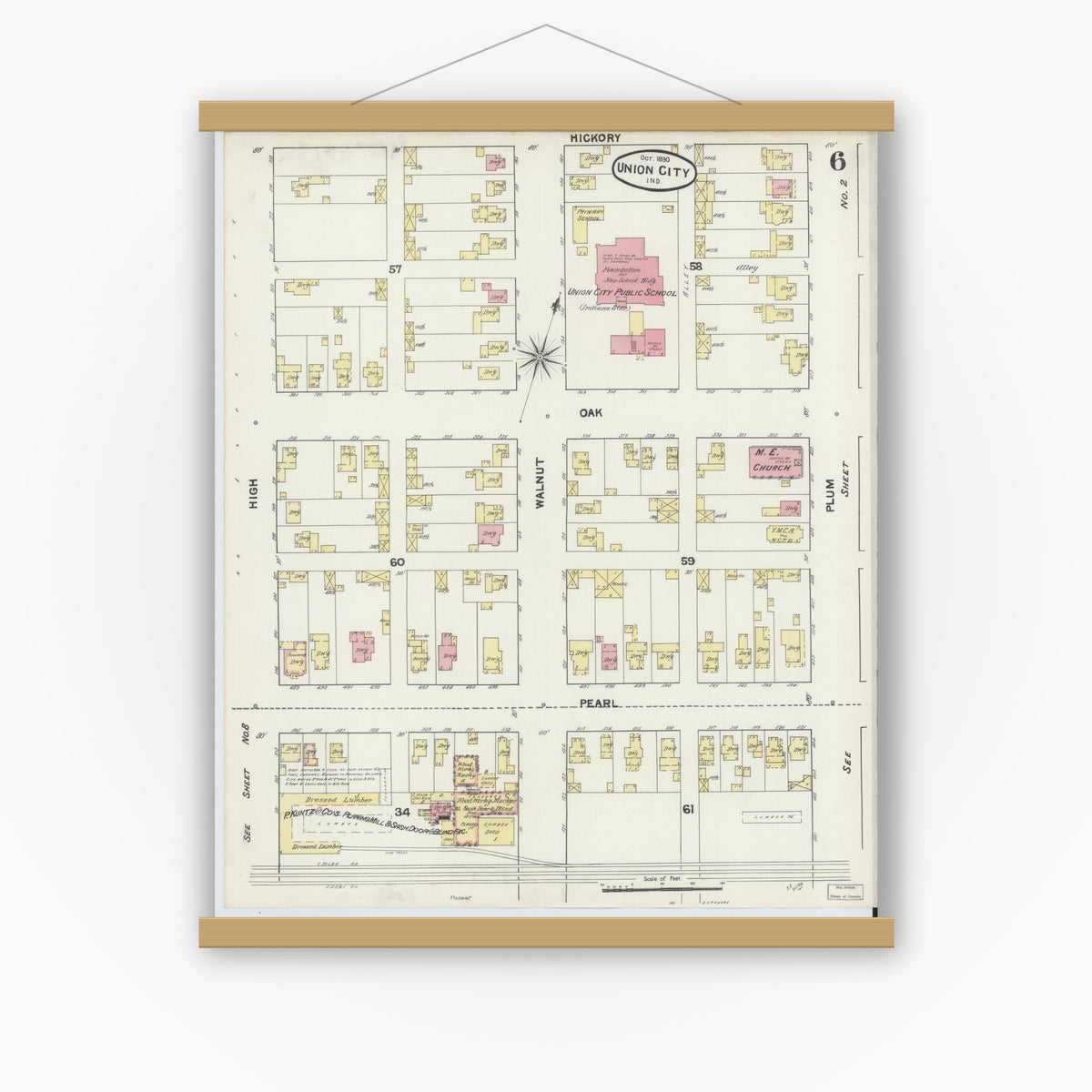 Old map wall art mockup — magnetic wood frame on white wall — Sanborn Fire Insurance Map from Union City, Randolph County, Indiana (1890), Sheet #0006