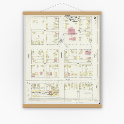 Old map wall art mockup — magnetic wood frame on white wall — Sanborn Fire Insurance Map from Union City, Randolph County, Indiana (1890), Sheet #0006