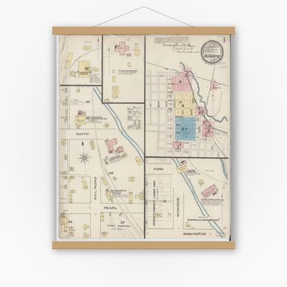 Old map wall art mockup — magnetic wood frame on white wall — Sanborn Fire Insurance Map from Rochester, Fulton County, Indiana (1885), Sheet #0001