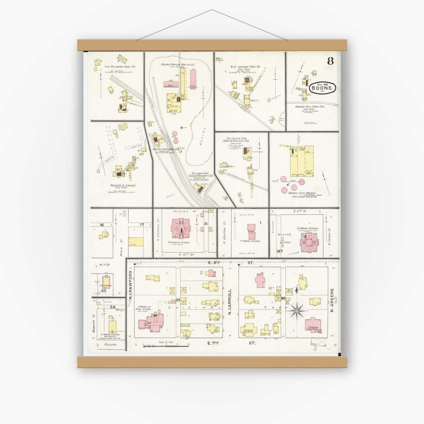 Old map wall art mockup — magnetic wood frame on white wall — Sanborn Fire Insurance Map from Boone, Boone County, Iowa (1894), Sheet #0008