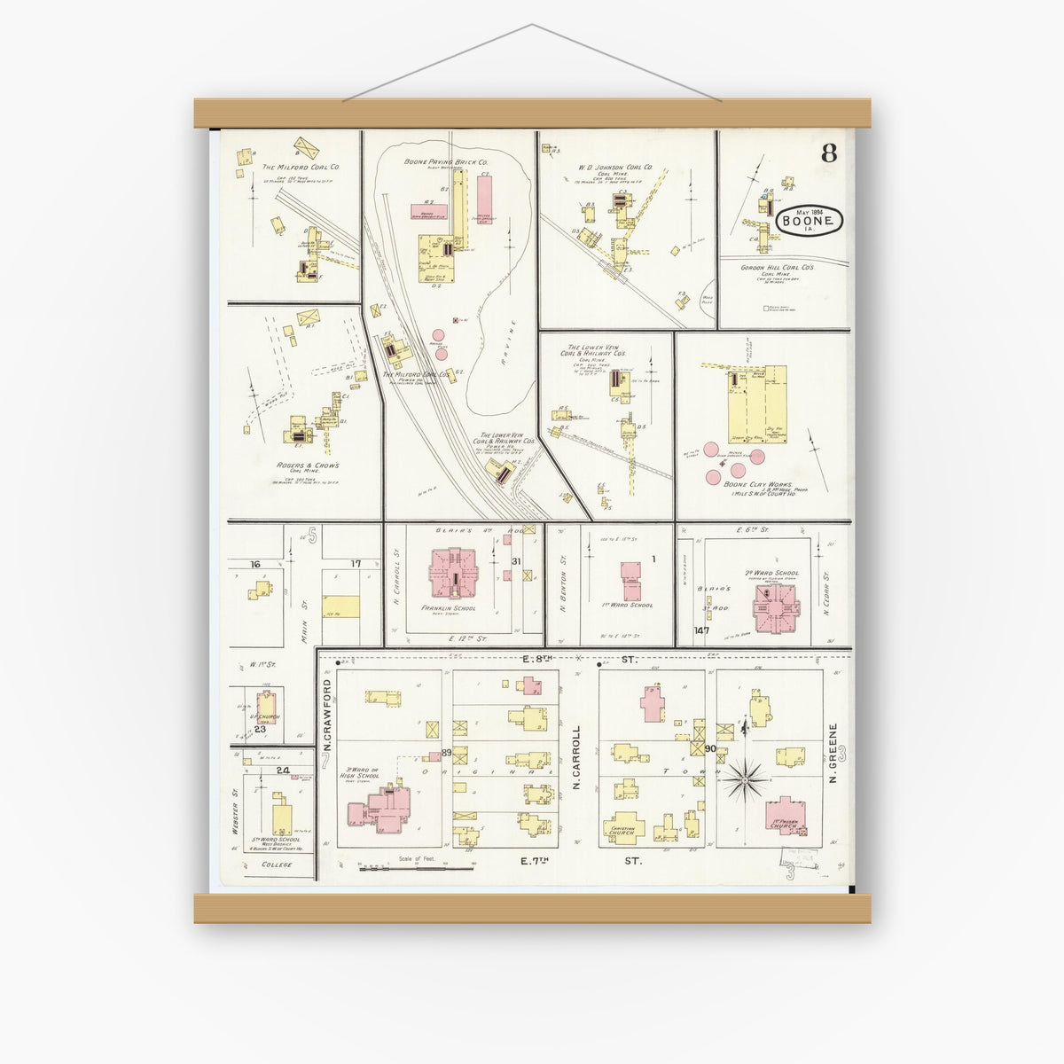 Old map wall art mockup — magnetic wood frame on white wall — Sanborn Fire Insurance Map from Boone, Boone County, Iowa (1894), Sheet #0008