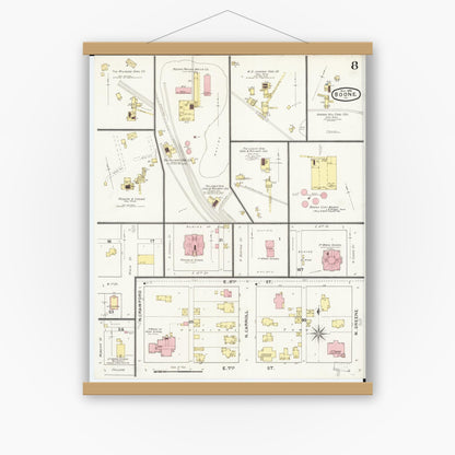 Old map wall art mockup — magnetic wood frame on white wall — Sanborn Fire Insurance Map from Boone, Boone County, Iowa (1894), Sheet #0008