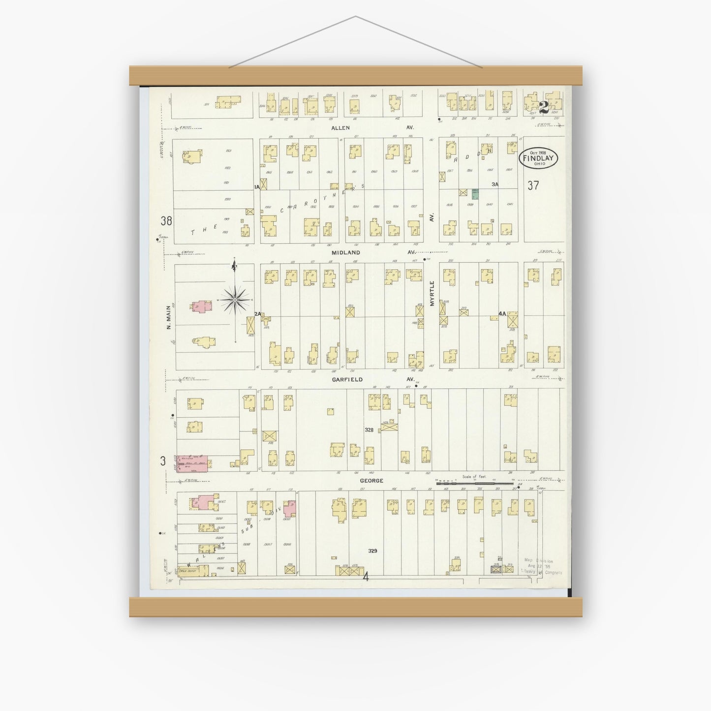 Old map wall art mockup — magnetic wood frame on white wall — Sanborn Fire Insurance Map from Findlay, Hancock County, Ohio (1908), Sheet #0002