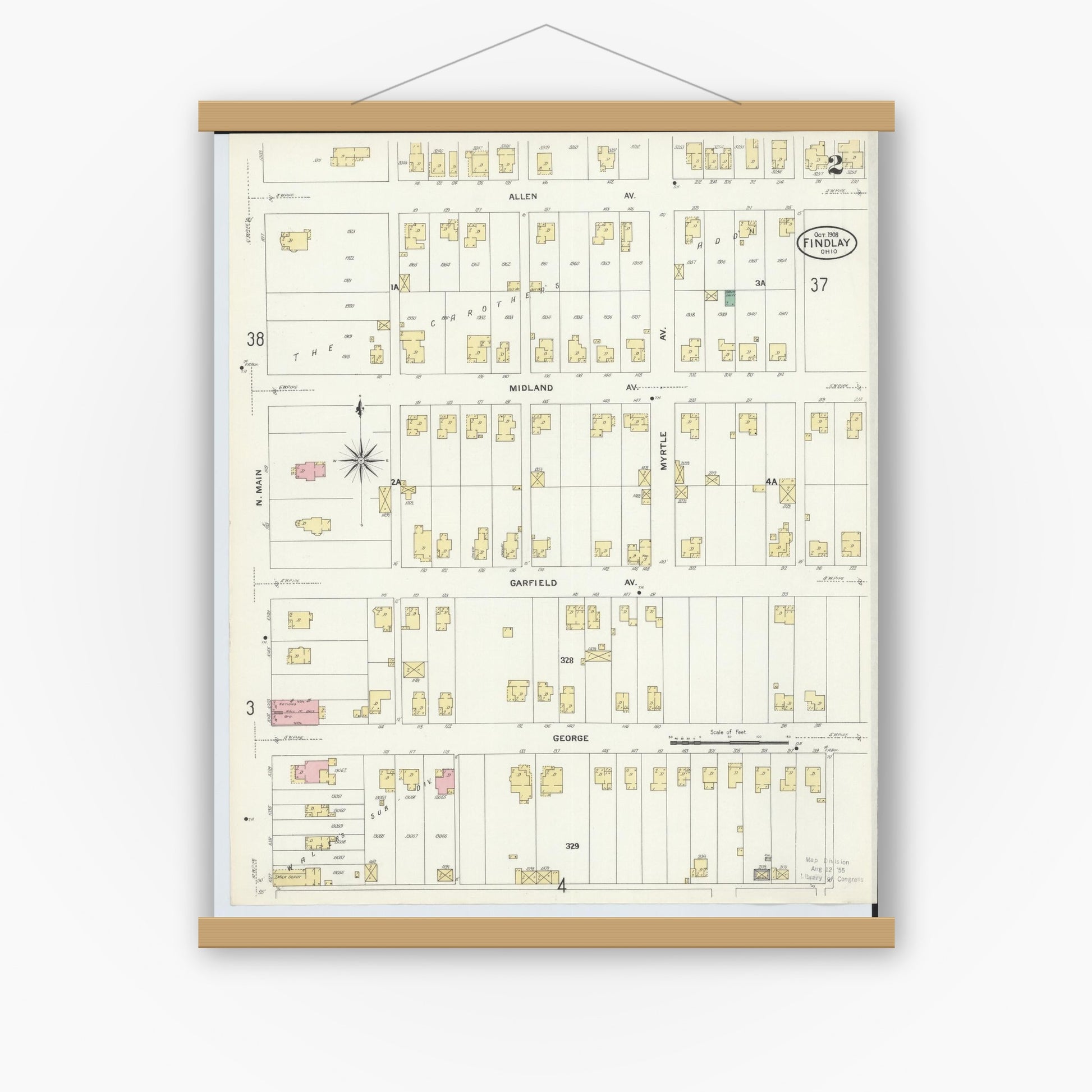 Old map wall art mockup — magnetic wood frame on white wall — Sanborn Fire Insurance Map from Findlay, Hancock County, Ohio (1908), Sheet #0002