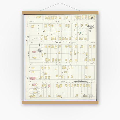 Old map wall art mockup — magnetic wood frame on white wall — Sanborn Fire Insurance Map from Findlay, Hancock County, Ohio (1908), Sheet #0002