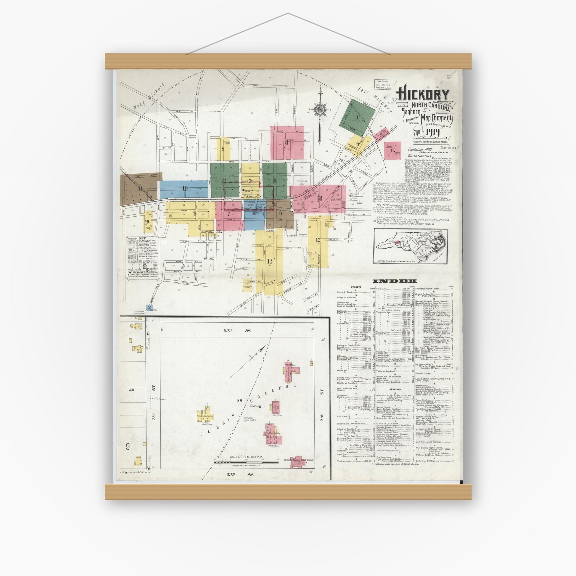 Old map wall art mockup — magnetic wood frame on white wall — Sanborn Fire Insurance Map from Hickory, Catawba County, North Carolina (1919), Sheet #0001