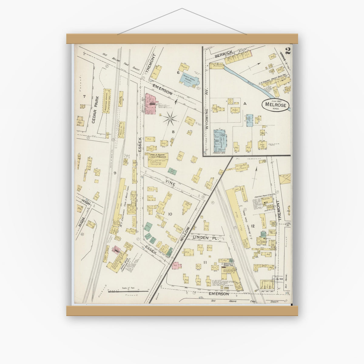 Old map wall art mockup — magnetic wood frame on white wall — Sanborn Fire Insurance Map from Melrose, Middlesex County, Massachusetts (1887), Sheet #0002