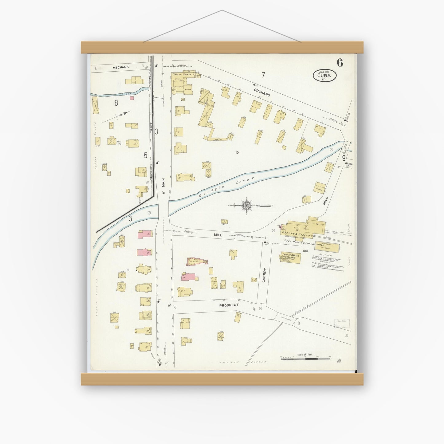 Old map wall art mockup — magnetic wood frame on white wall — Sanborn Fire Insurance Map from Cuba, Allegany County, New York (1912), Sheet #0006