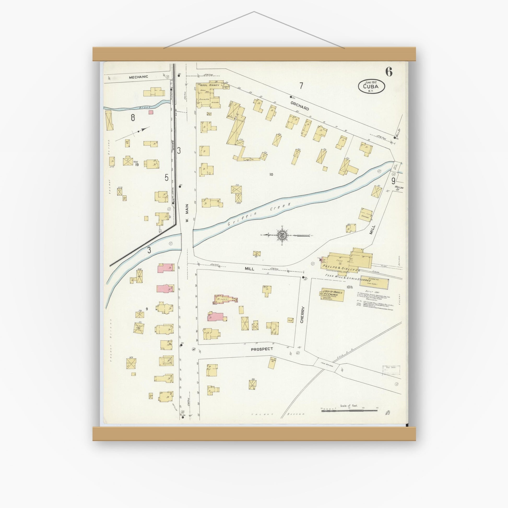 Old map wall art mockup — magnetic wood frame on white wall — Sanborn Fire Insurance Map from Cuba, Allegany County, New York (1912), Sheet #0006
