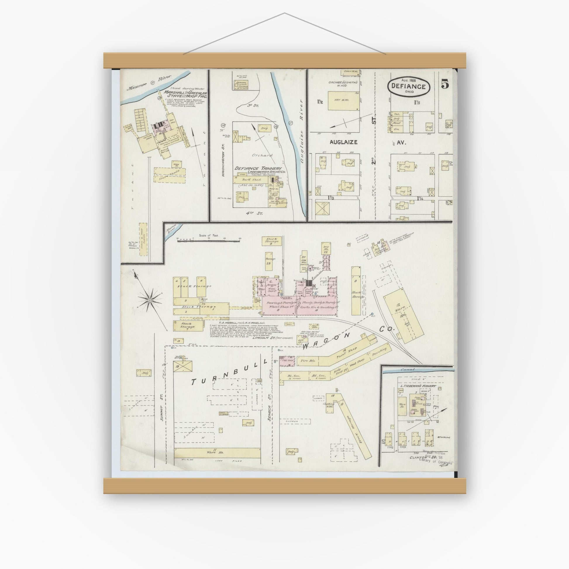 Old map wall art mockup — magnetic wood frame on white wall — Sanborn Fire Insurance Map from Defiance, Defiance County, Ohio (1888), Sheet #0005