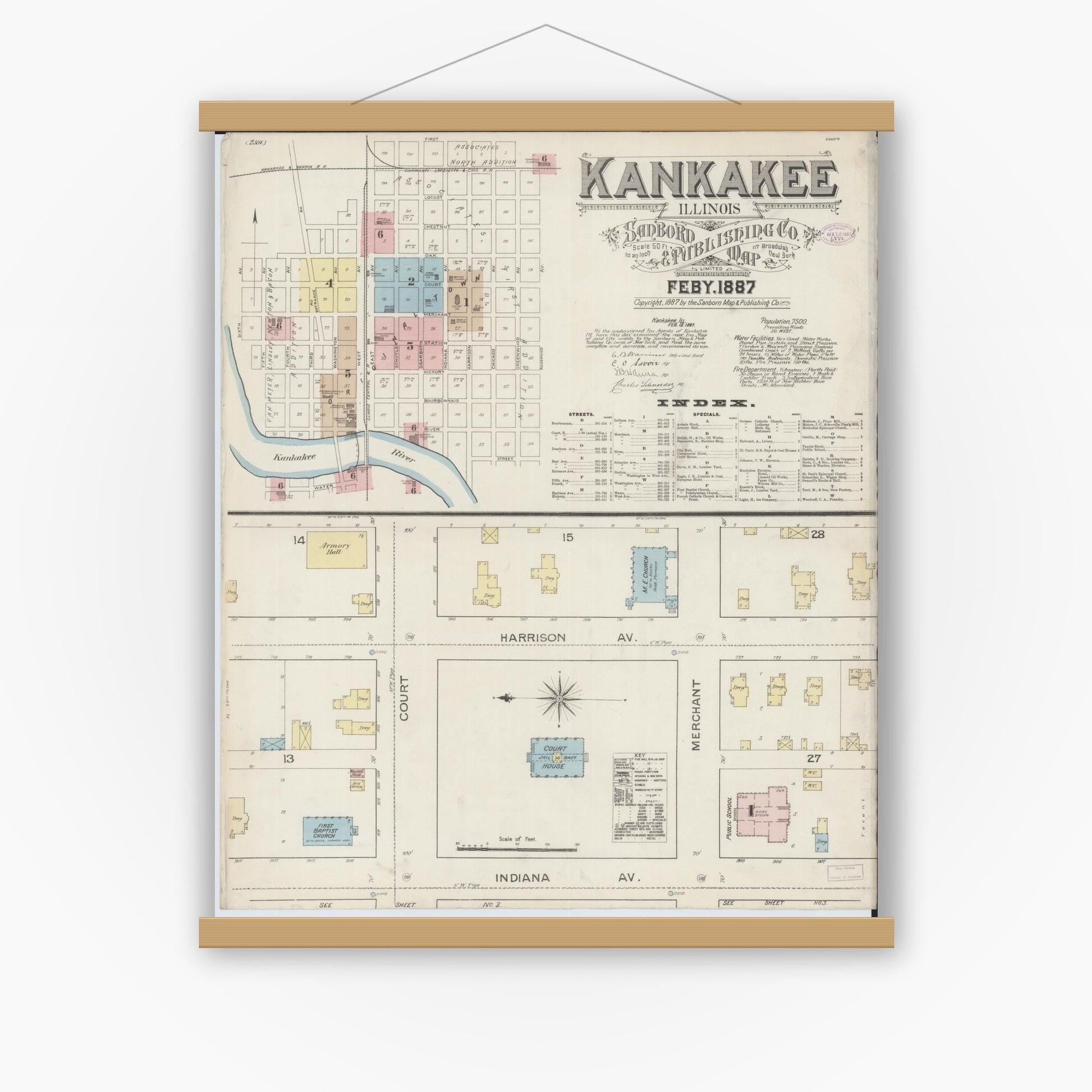 Old map wall art mockup — magnetic wood frame on white wall — Sanborn Fire Insurance Map from Kankakee, Kankakee County, Illinois (1887) - Complete Map Set