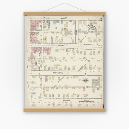 Old map wall art mockup — magnetic wood frame on white wall — Sanborn Fire Insurance Map from Paris, Edgar County, Illinois (1884), Sheet #0002