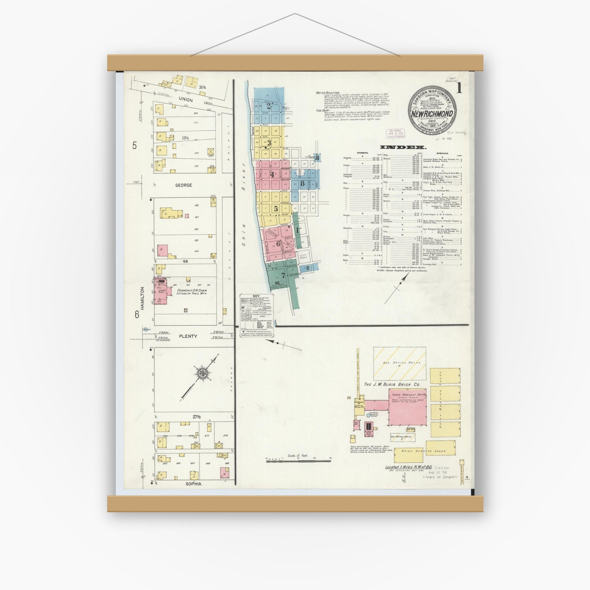 Old map wall art mockup — magnetic wood frame on white wall — Sanborn Fire Insurance Map from New Richmond, Clermont County, Ohio (1912), Sheet #0001