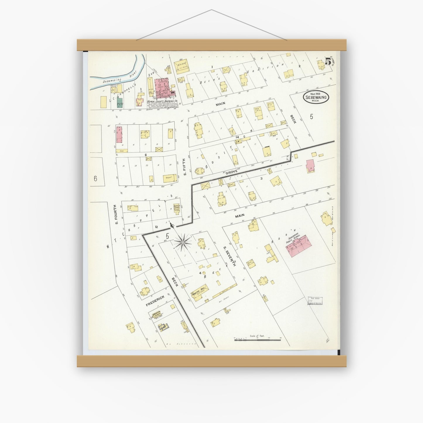 Old map wall art mockup — magnetic wood frame on white wall — Sanborn Fire Insurance Map from Sebewaing, Huron County, Michigan (1909), Sheet #0005