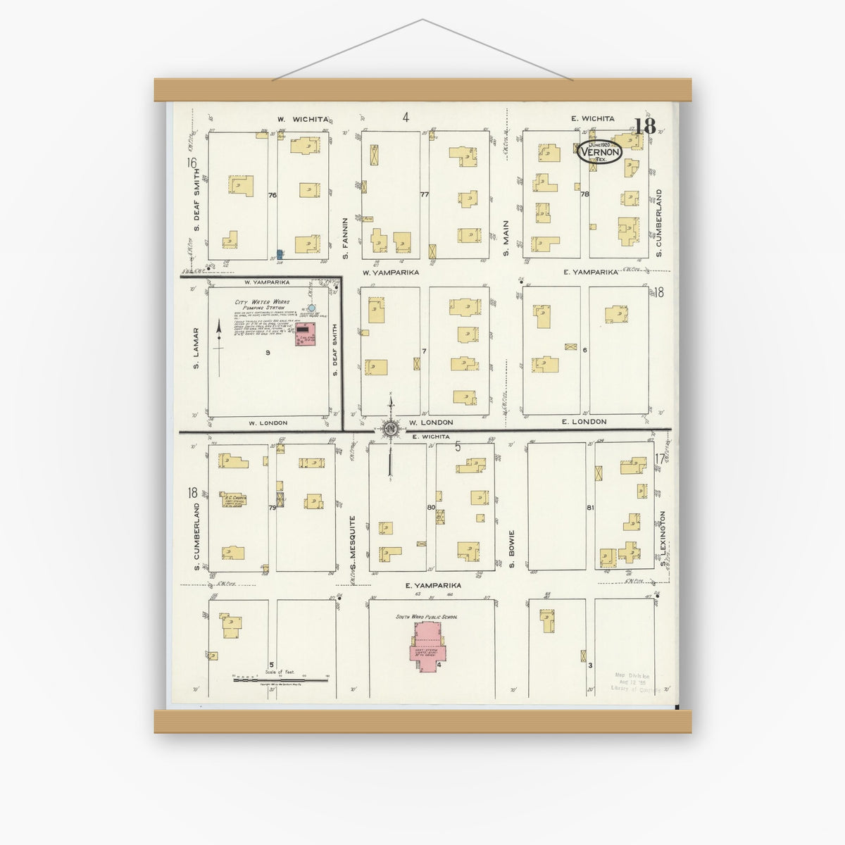 Old map wall art mockup — magnetic wood frame on white wall — Sanborn Fire Insurance Map from Vernon, Wilbarger County, Texas (1920), Sheet #0018