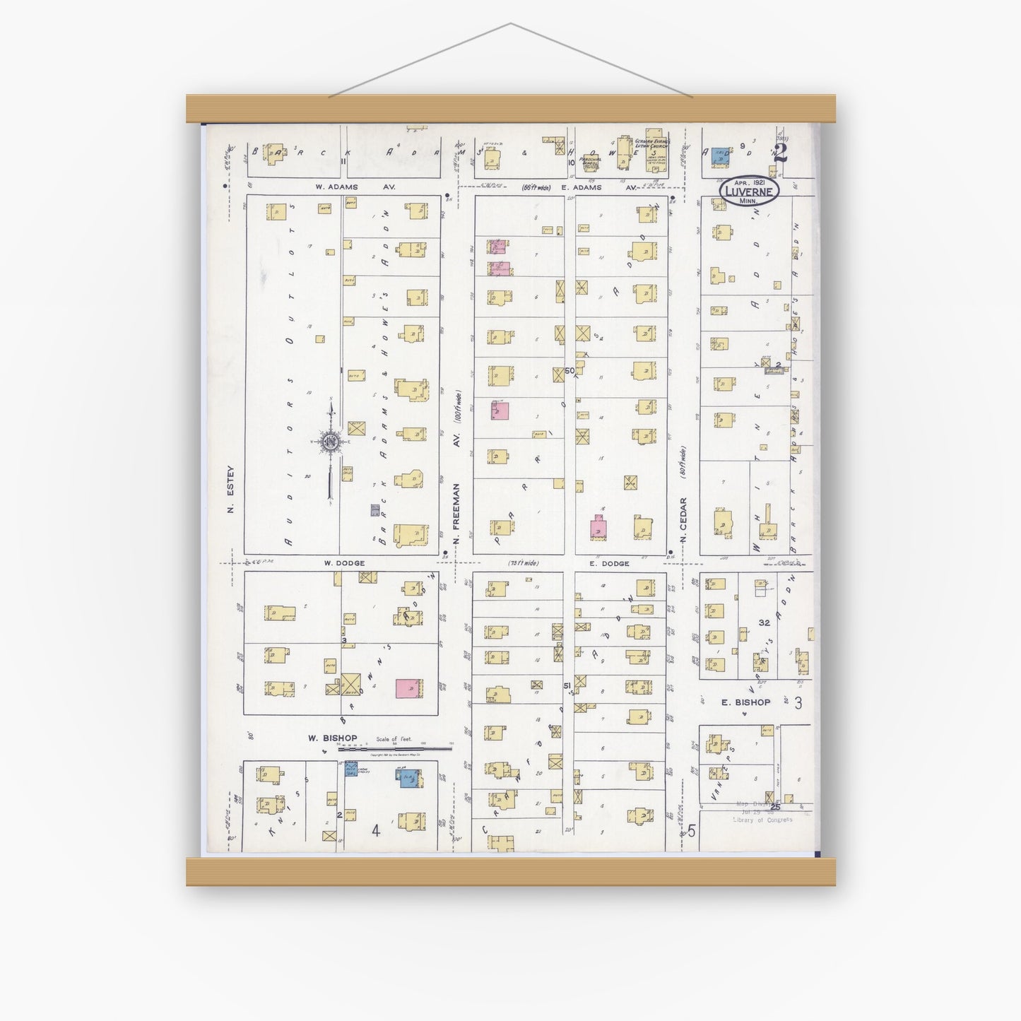 Old map wall art mockup — magnetic wood frame on white wall — Sanborn Fire Insurance Map from Luverne, Rock County, Minnesota (1921), Sheet #0002