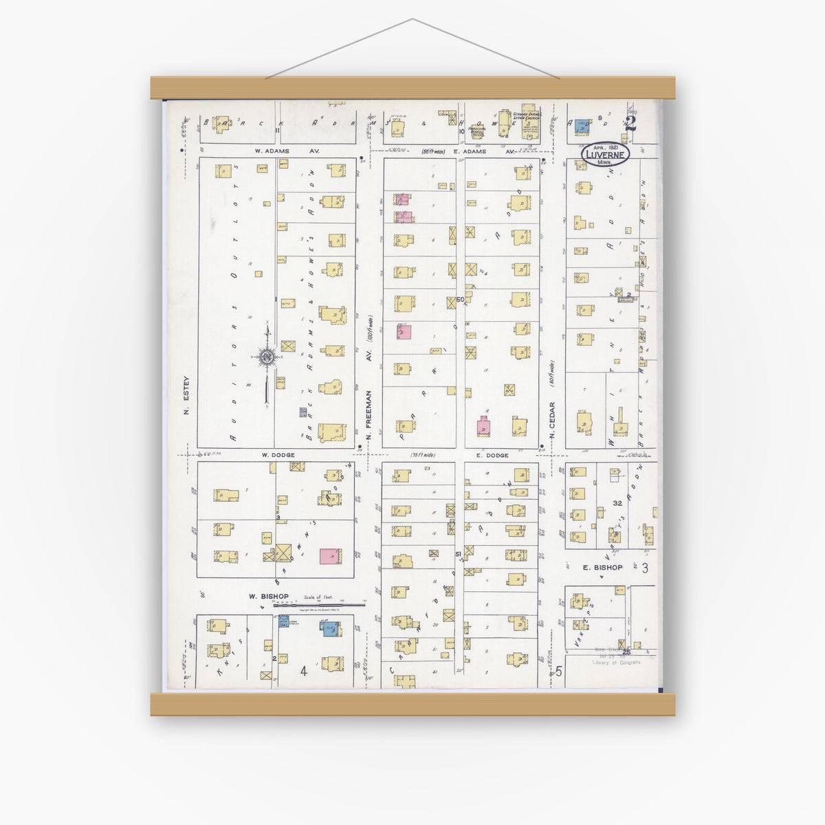 Old map wall art mockup — magnetic wood frame on white wall — Sanborn Fire Insurance Map from Luverne, Rock County, Minnesota (1921), Sheet #0002