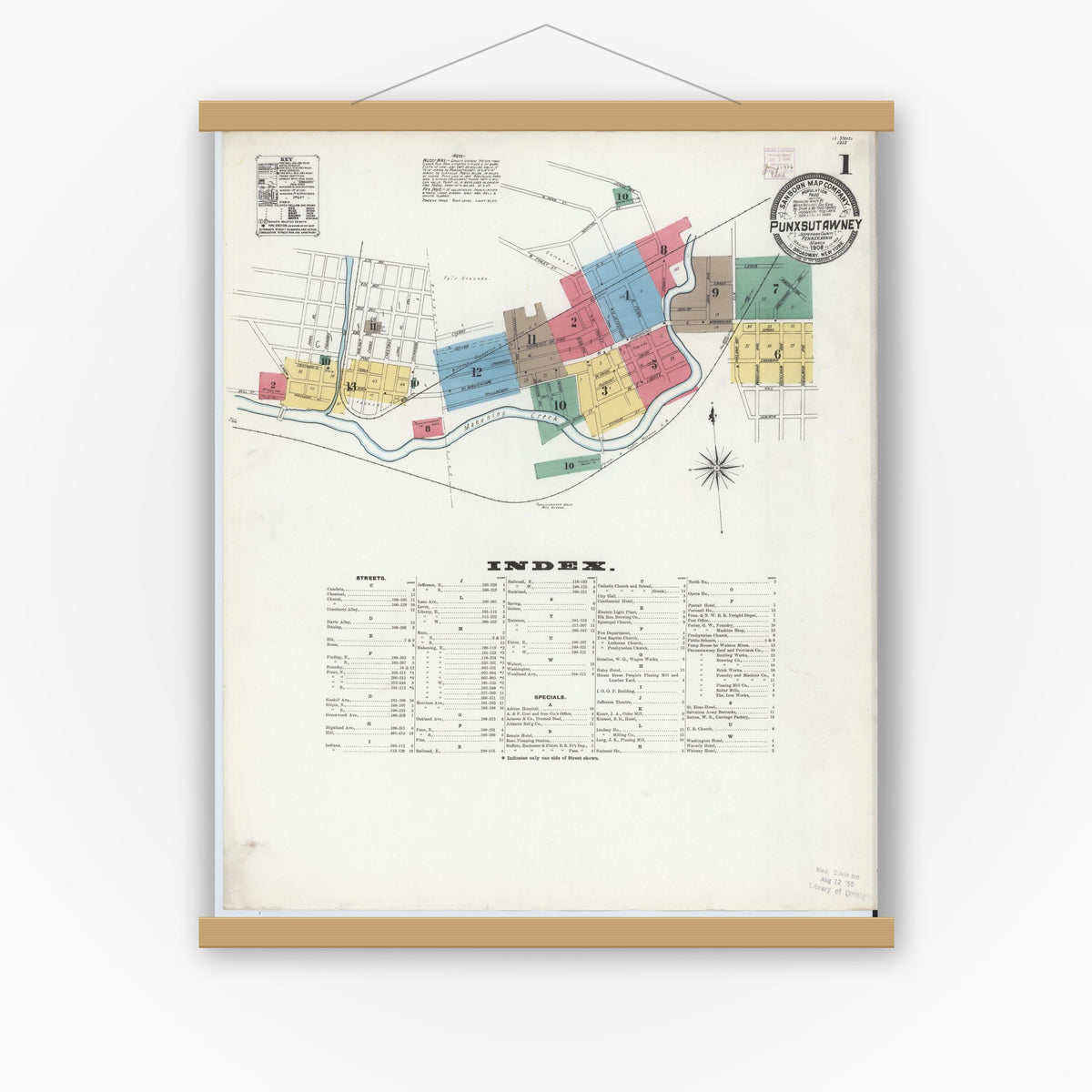 Old map wall art mockup — magnetic wood frame on white wall — Sanborn Fire Insurance Map from Punxsutawney, Jefferson County, Pennsylvania (1906), Sheet #0001
