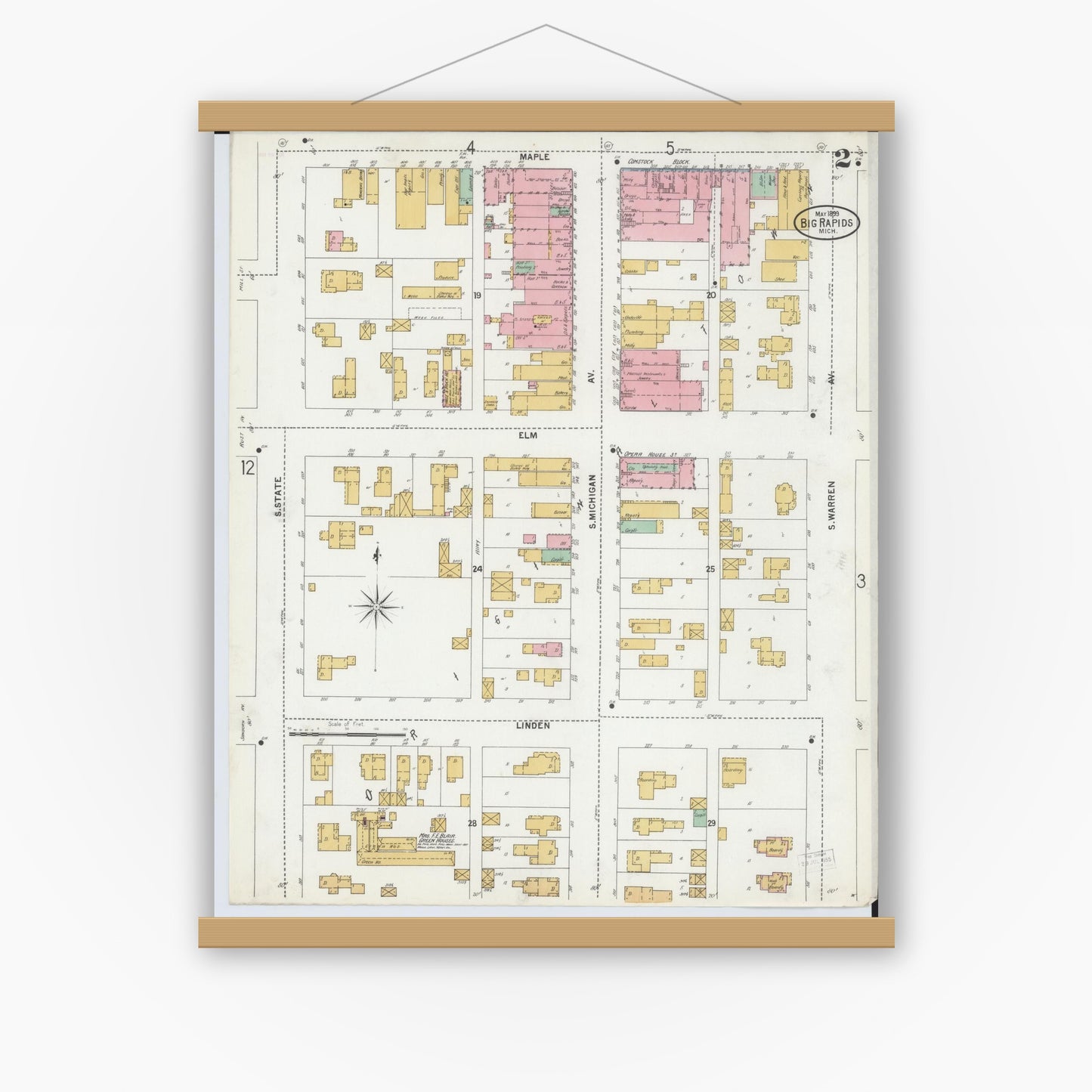 Old map wall art mockup — magnetic wood frame on white wall — Sanborn Fire Insurance Map from Big Rapids, Mecosta County, Michigan (1899), Sheet #0002