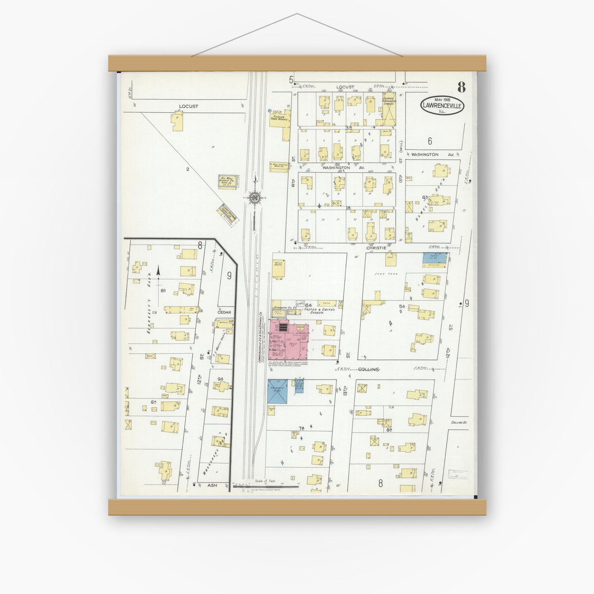Old map wall art mockup — magnetic wood frame on white wall — Sanborn Fire Insurance Map from Lawrenceville, Lawrence County, Illinois (1918), Sheet #0008
