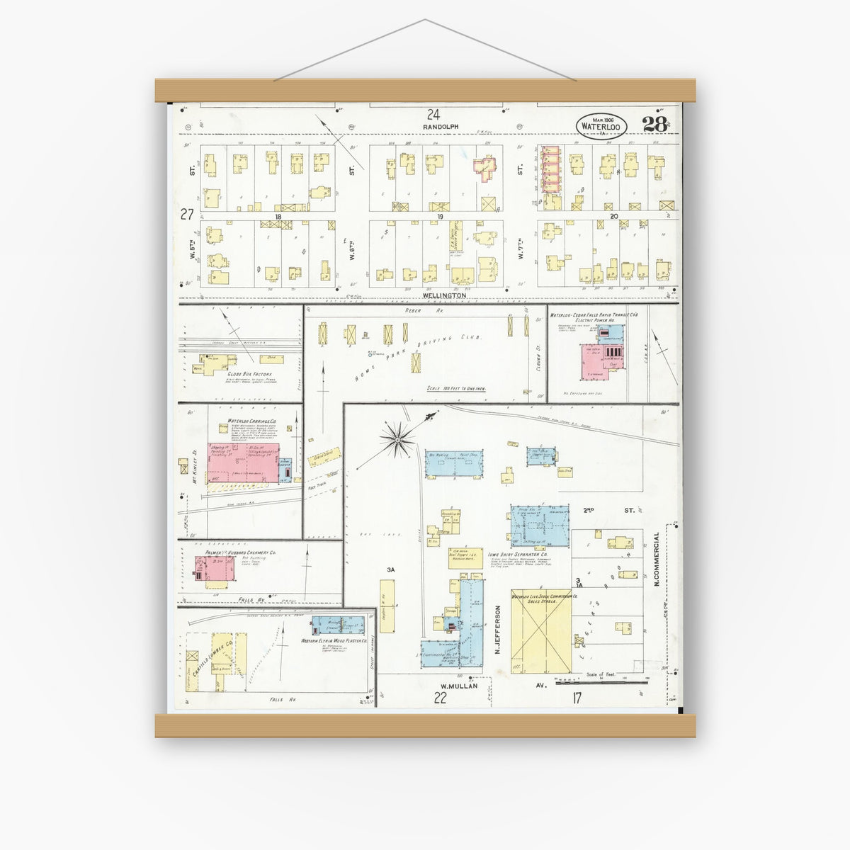 Old map wall art mockup — magnetic wood frame on white wall — Sanborn Fire Insurance Map from Waterloo, Black Hawk County, Iowa (1906), Sheet #0028