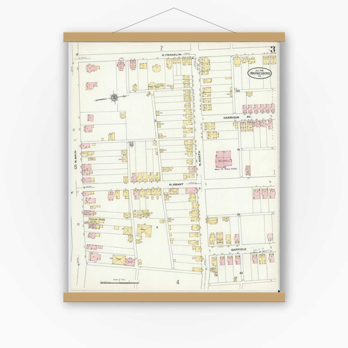 Old map wall art mockup — magnetic wood frame on white wall — Sanborn Fire Insurance Map from Waynesboro, Franklin County, Pennsylvania (1910), Sheet #0003