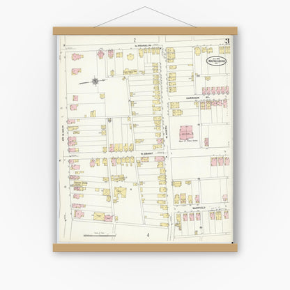 Old map wall art mockup — magnetic wood frame on white wall — Sanborn Fire Insurance Map from Waynesboro, Franklin County, Pennsylvania (1910), Sheet #0003