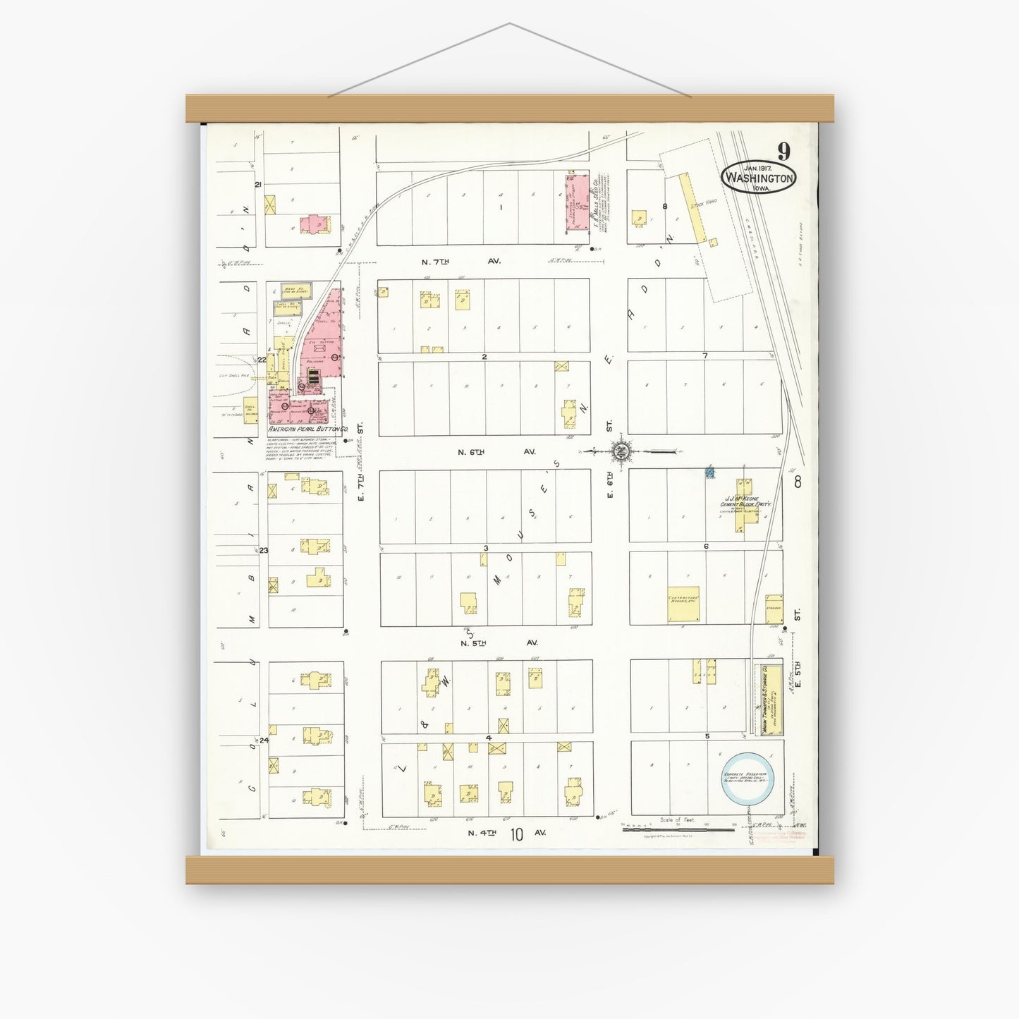 Old map wall art mockup — magnetic wood frame on white wall — Sanborn Fire Insurance Map from Washington, Washington County, Iowa (1917), Sheet #0009