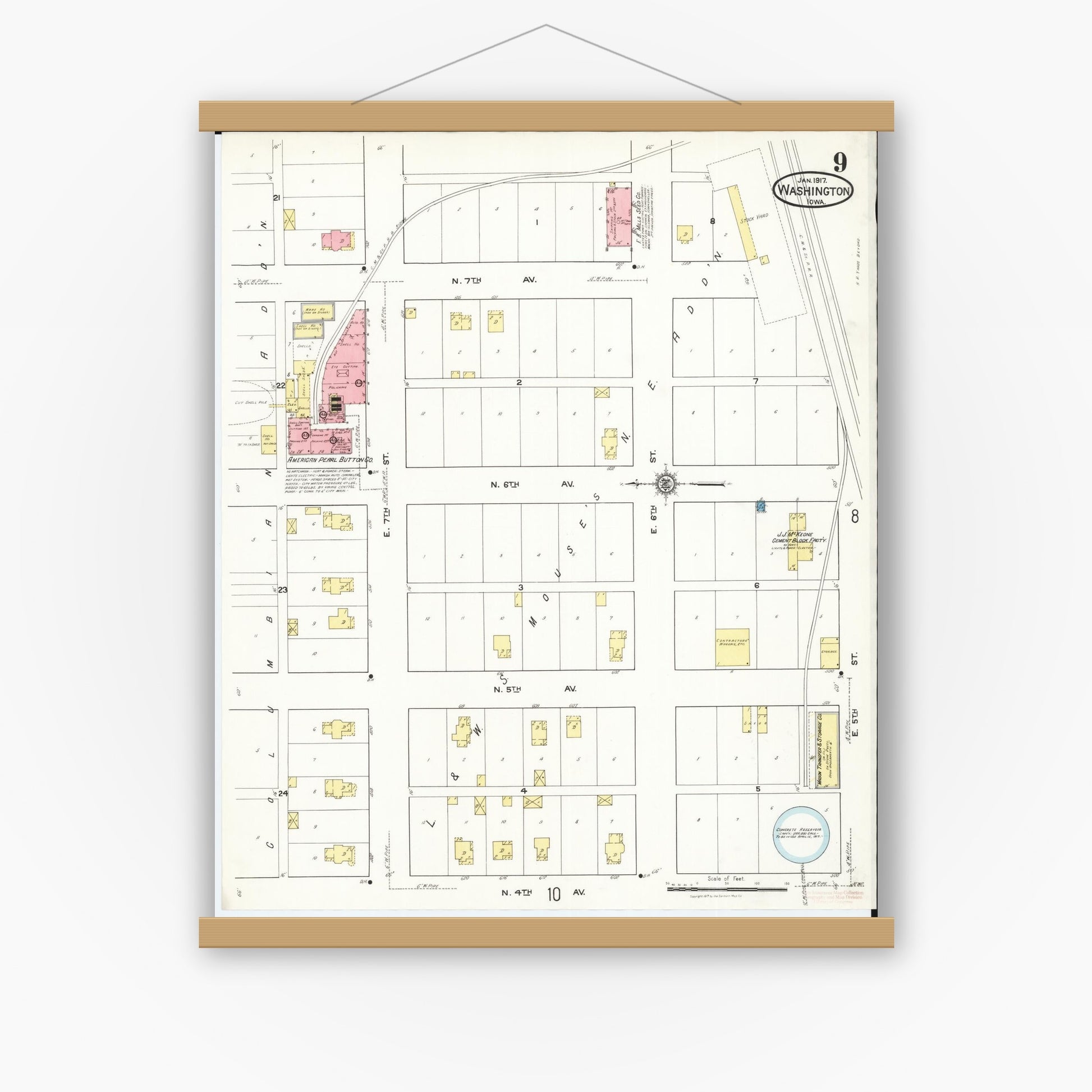 Old map wall art mockup — magnetic wood frame on white wall — Sanborn Fire Insurance Map from Washington, Washington County, Iowa (1917), Sheet #0009