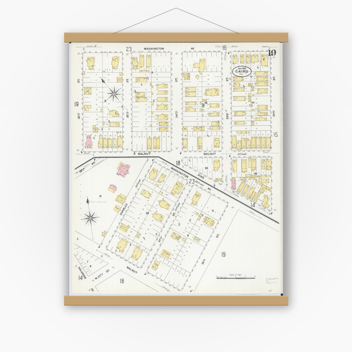 Old map wall art mockup — magnetic wood frame on white wall — Sanborn Fire Insurance Map from Cairo, Alexander County, Illinois (1907), Sheet #0019