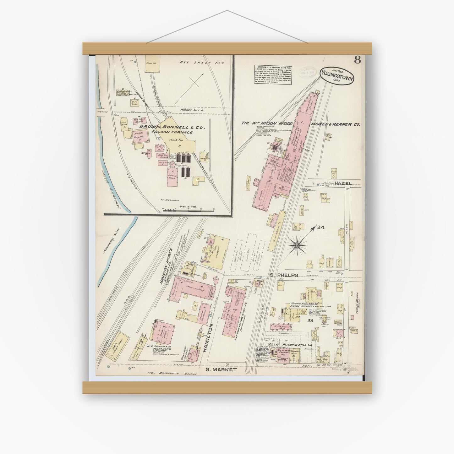 Old map wall art mockup — magnetic wood frame on white wall — Sanborn Fire Insurance Map from Youngstown, Mahoning County, Ohio (1884), Sheet #0008