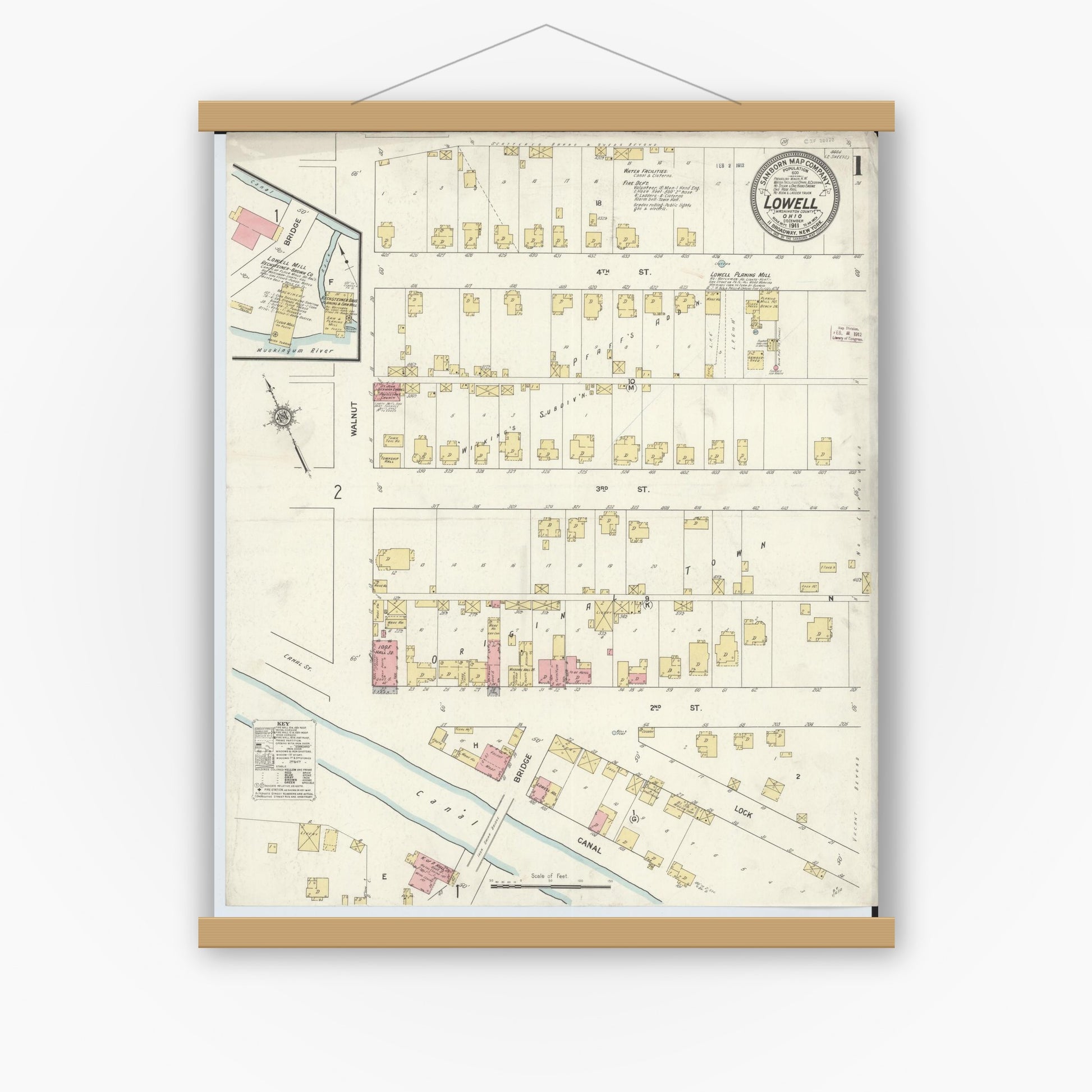 Old map wall art mockup — magnetic wood frame on white wall — Sanborn Fire Insurance Map from Lowell, Washington County, Ohio (1911), Sheet #0001