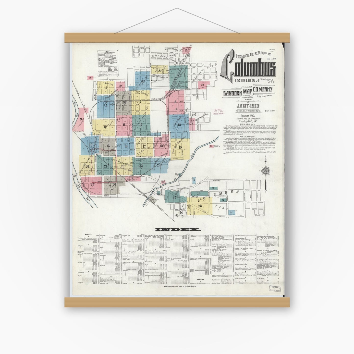 Old map wall art mockup — magnetic wood frame on white wall — Sanborn Fire Insurance Map from Columbus, Bartholomew County, Indiana (1912), Sheet #0001