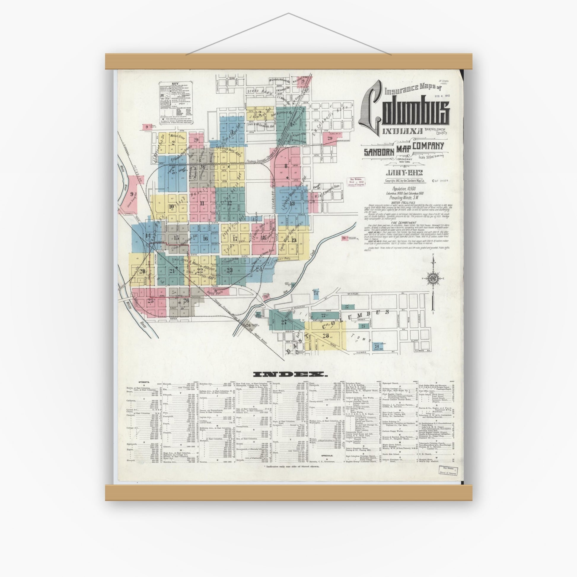 Old map wall art mockup — magnetic wood frame on white wall — Sanborn Fire Insurance Map from Columbus, Bartholomew County, Indiana (1912), Sheet #0001