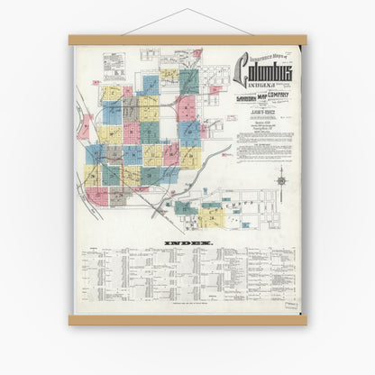 Old map wall art mockup — magnetic wood frame on white wall — Sanborn Fire Insurance Map from Columbus, Bartholomew County, Indiana (1912), Sheet #0001
