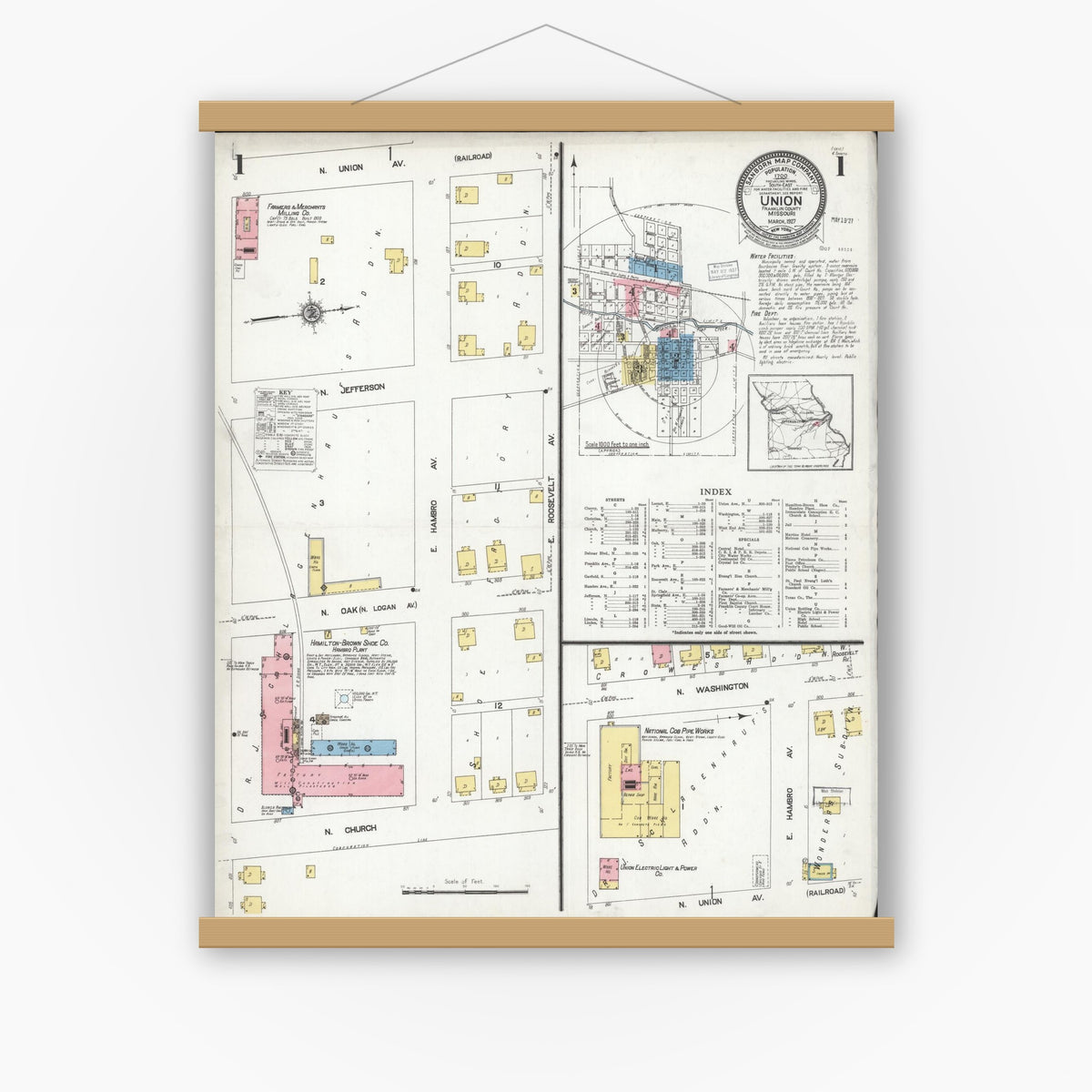 Old map wall art mockup — magnetic wood frame on white wall — Sanborn Fire Insurance Map from Union, Franklin County, Missouri (1927) - Complete Map Set