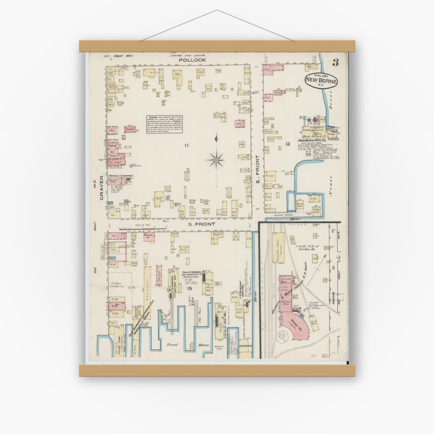 Old map wall art mockup — magnetic wood frame on white wall — Sanborn Fire Insurance Map from New Bern, Craven County, North Carolina (1885), Sheet #0003