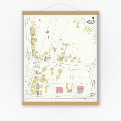 Old map wall art mockup — magnetic wood frame on white wall — Sanborn Fire Insurance Map from Bridgewater, Plymouth County, Massachusetts (1921), Sheet #0009