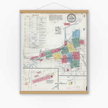 Old map wall art mockup — magnetic wood frame on white wall — Sanborn Fire Insurance Map from Benton Harbor, Berrien County, Michigan (1905) - Complete Map Set