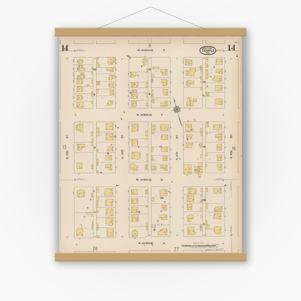 Old map wall art mockup — magnetic wood frame on white wall — Sanborn Fire Insurance Map from Temple, Bell County, Texas (1922), Sheet #0014