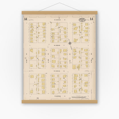 Old map wall art mockup — magnetic wood frame on white wall — Sanborn Fire Insurance Map from Temple, Bell County, Texas (1922), Sheet #0014