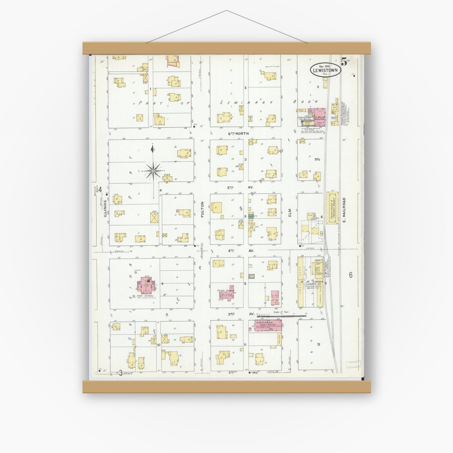 Old map wall art mockup — magnetic wood frame on white wall — Sanborn Fire Insurance Map from Lewistown, Fulton County, Illinois (1909), Sheet #0005