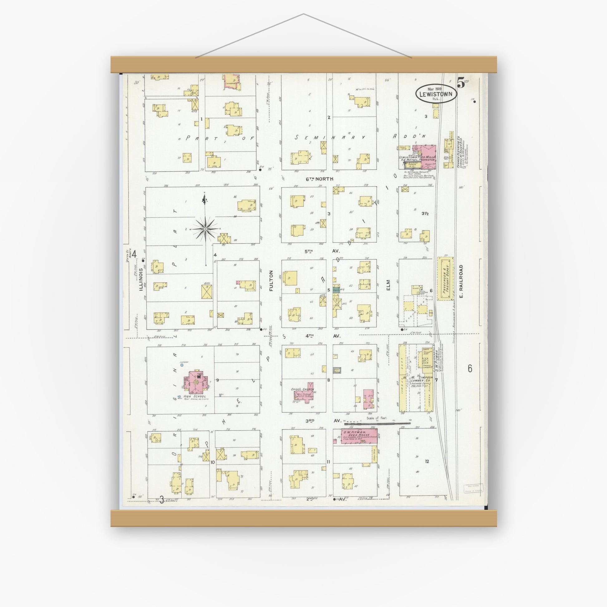 Old map wall art mockup — magnetic wood frame on white wall — Sanborn Fire Insurance Map from Lewistown, Fulton County, Illinois (1909), Sheet #0005