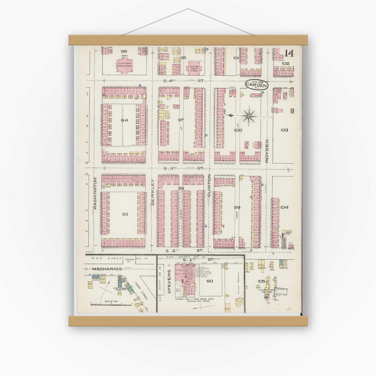 Old map wall art mockup — magnetic wood frame on white wall — Sanborn Fire Insurance Map from Camden, Camden County, New Jersey (1885), Sheet #0014