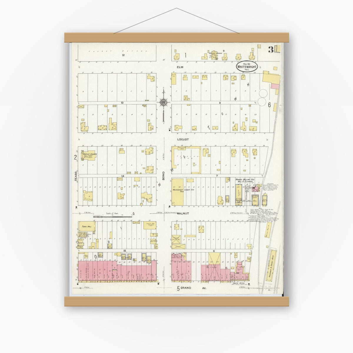 Old map wall art mockup — magnetic wood frame on white wall — Sanborn Fire Insurance Map from Whitewright, Grayson County, Texas (1911), Sheet #0003