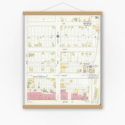 Old map wall art mockup — magnetic wood frame on white wall — Sanborn Fire Insurance Map from Whitewright, Grayson County, Texas (1911), Sheet #0003