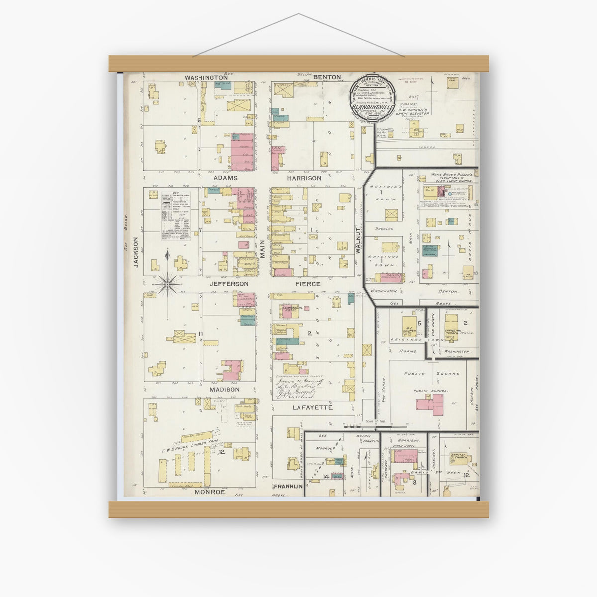 Old map wall art mockup — magnetic wood frame on white wall — Sanborn Fire Insurance Map from Blandinsville, Mcdonough County, Illinois (1893), Sheet #0001
